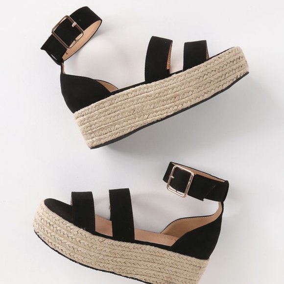 Black Suede Espadrille Platform Sandals - Picture 1 of 5